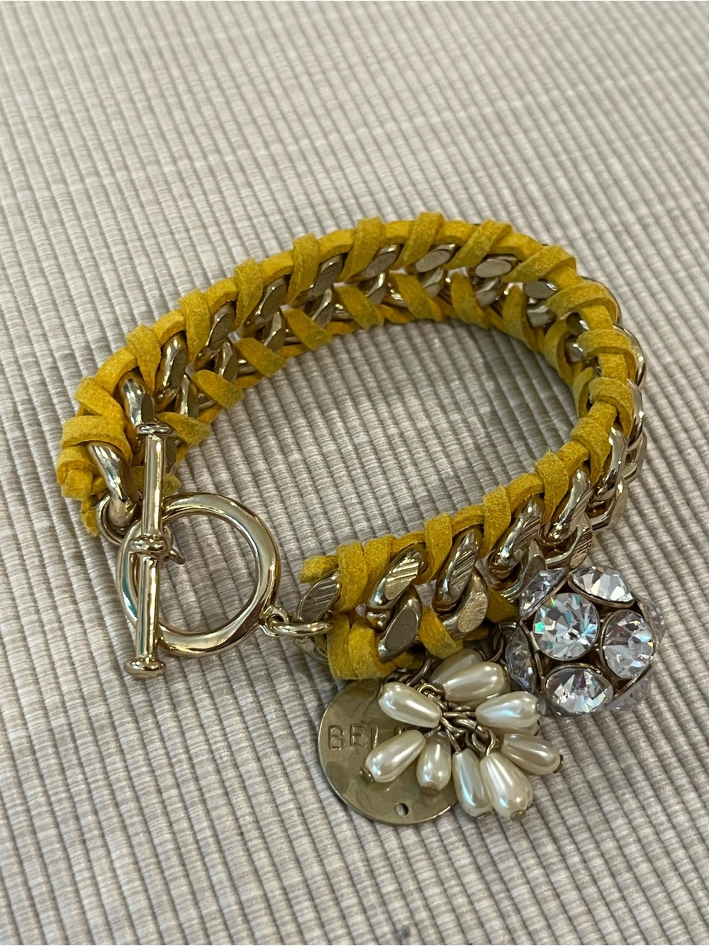 Yellow Suede Wrapped Chain Bracelet with Charms